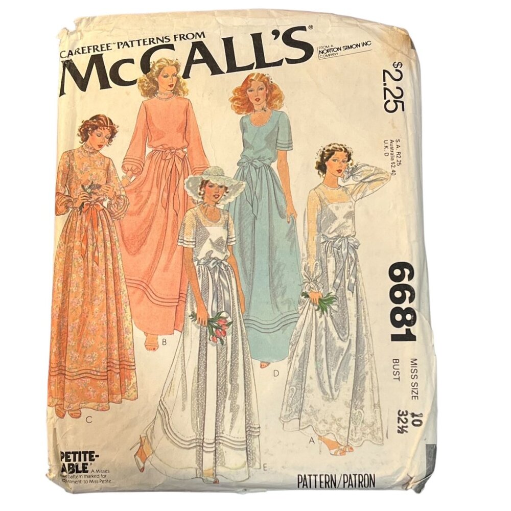 Vintage McCalls 6681 Bridal Dress Sewing Pattern Misses Size 10 Bust 32 1/2